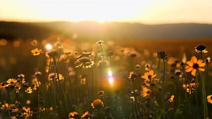 Sun kissed meadow wildflowers basking late day amber light evokes peace wonder high resolution K still frames nature’s gentle magic mindfulness apps rustic décor campaigns