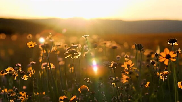Sun kissed meadow wildflowers basking late day amber light evokes peace wonder high resolution K still frames nature’s gentle magic mindfulness apps rustic décor campaigns