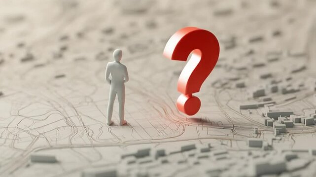 A person contemplating a large question mark in a detailed urban landscape setting