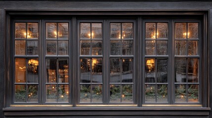 Fototapeta premium Softly lit window with brass handles and antique wooden frame in symmetrical form