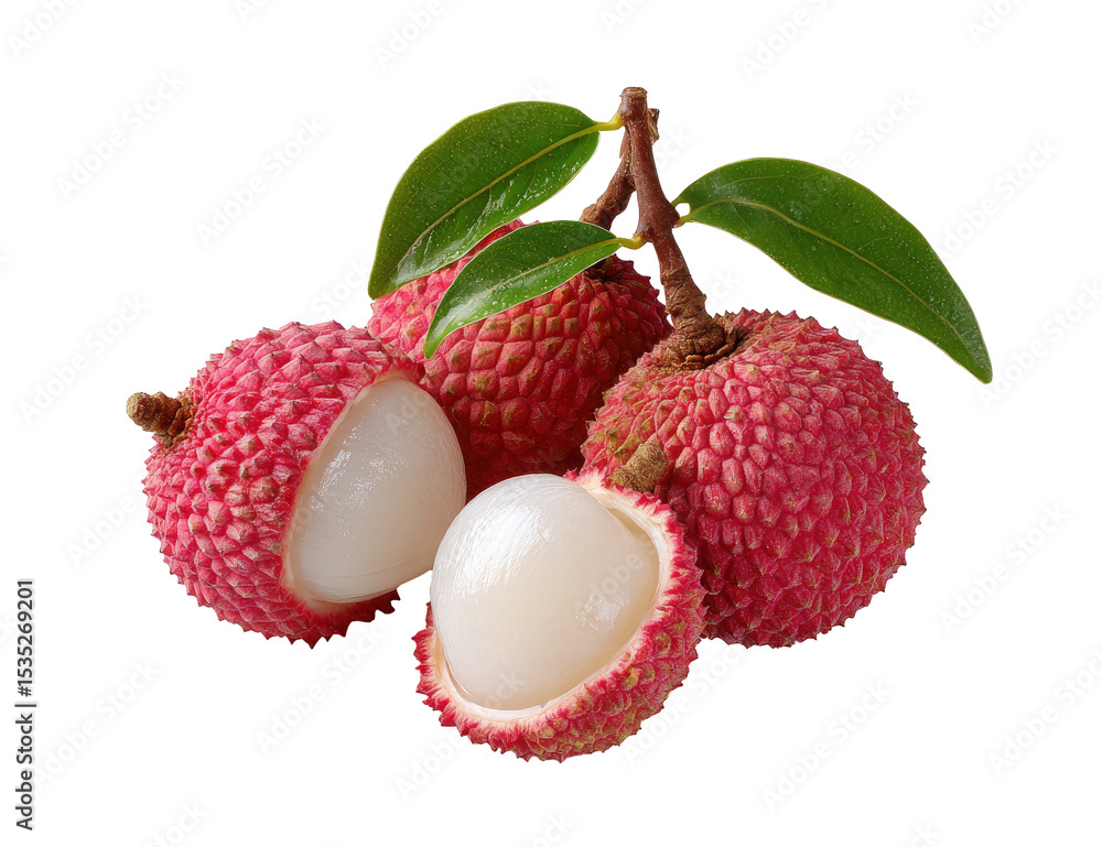 Poster fresh lychee fruits with leaves and transparent background for easy design integration