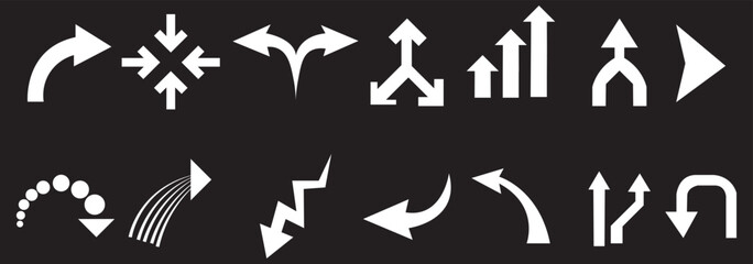 Arrow icon set. Mega bundle set. Collection different arrows sign. Arrow icon vector set. Contains symbol of various arrow head point shape, play, pause, next button symbol. Vector illustration.