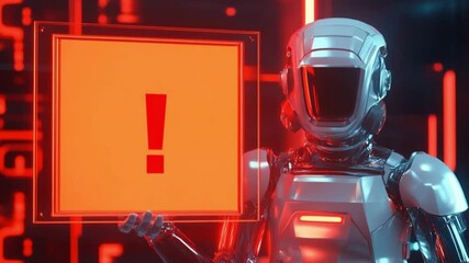 Futuristic robot holding an alert sign in a high-tech environment with glowing digital patterns - Powered by Adobe