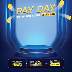 Pay Day Sale Background with Podium and Neon Blue Lights
