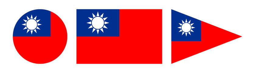 Taiwan national flag variations including circular, rectangular, and triangular pennant designs, featuring blue sky with white sun emblem on vibrant red background, ideal for patriotic, cultural