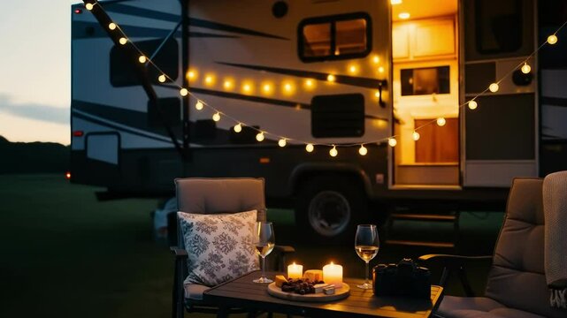 Romantic evening scene with a couple enjoying wine and cheese by a camper van illuminated by string lights