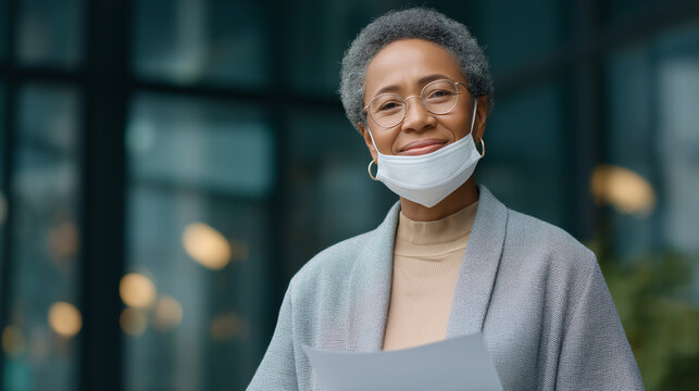 Professional Black Businesswoman with Facemask in Office Setting - Powered by Adobe
