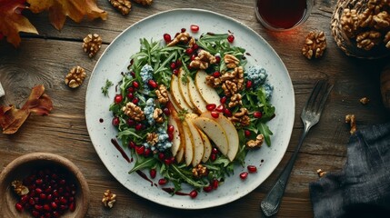 Autumn pear, walnut, and pomegranate salad on rustic wooden table.
