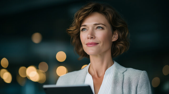 Elegant businesswoman using tablet in a modern office