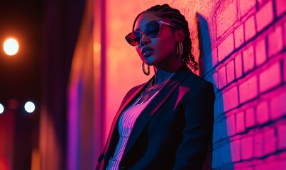 Stylish Woman in Neon City Lights