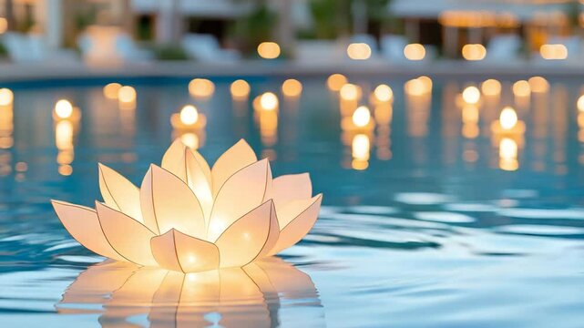Floating lotus in a serene pool at night.
