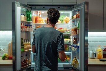 ultra quality image of Man opening fridge, searching for food, modern kitchen setting.