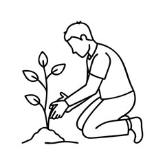Line Art Drawing of a Man Planting a Small Tree or Seedling in Soil