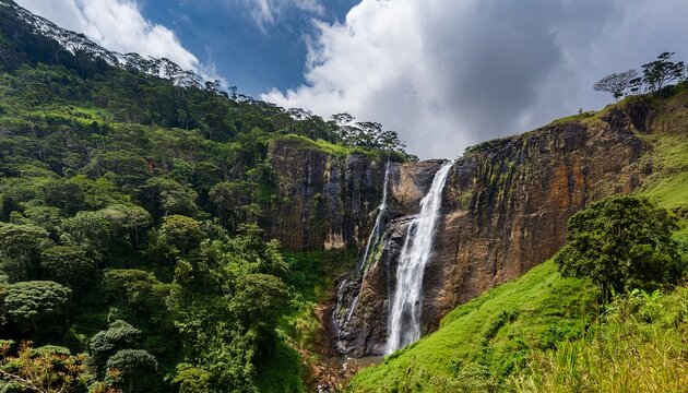 the tall diyaluma waterfall cascades down a steep rocky slope in lush sri lankan highlands