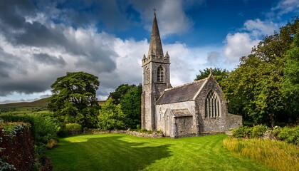 historic stone church with steeple surrounded by lush trees and green grass in ireland