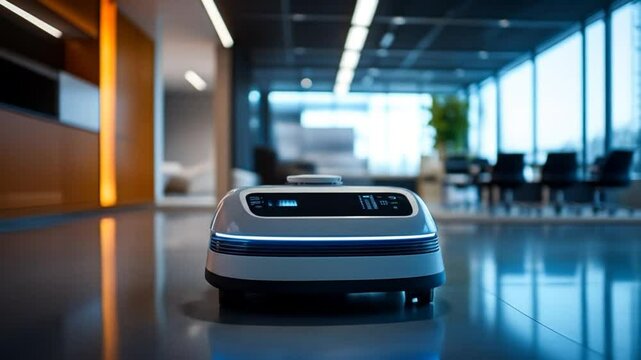 Autonomous Cleaning Robot Navigating Modern Office Space with Futuristic Design and Advanced Technology