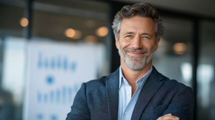 Obraz premium Confident mature businessman smiling in a modern office environment