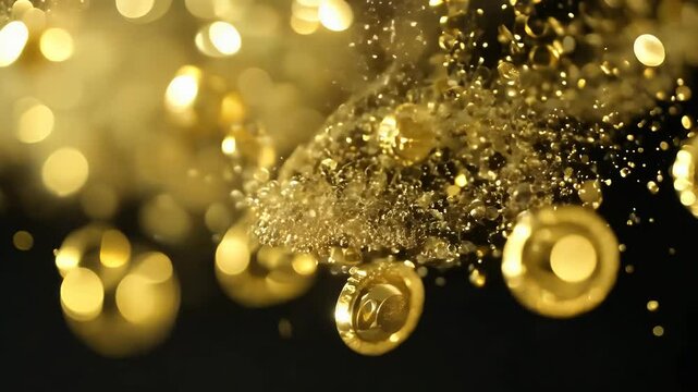A gentle cascade microscopic golden dust motes drifts through inky studio void their motion slowed dramatically so every shimmering particle remains razor sharp focus creating mesmerizing four k