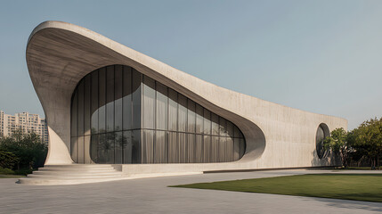 Fototapeta premium Modern Curved Building with Large Glass Windows and Concrete Facade