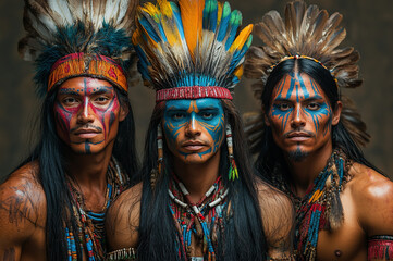 A group of people with painted faces and feathers, dressed in tribal clothing, Amazon Indian peoples in Brazil, tribal face paint and traditional indigenous attire.