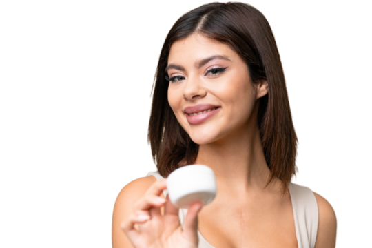 Young Russian woman with rainproof coat and umbrella over isolated chroma key background with moisturizer and offering it