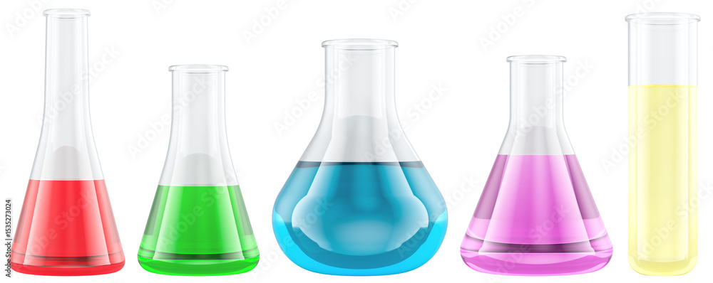 Poster laboratory glass flasks with colorful liquids. 3d rendering isolated on transparent background