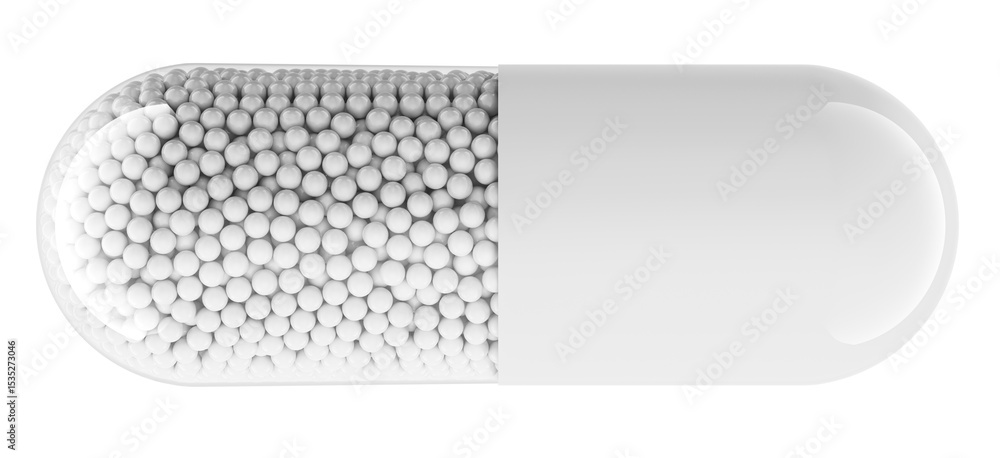 Poster one white capsule pill with microgranules. 3d rendering isolated on transparent background