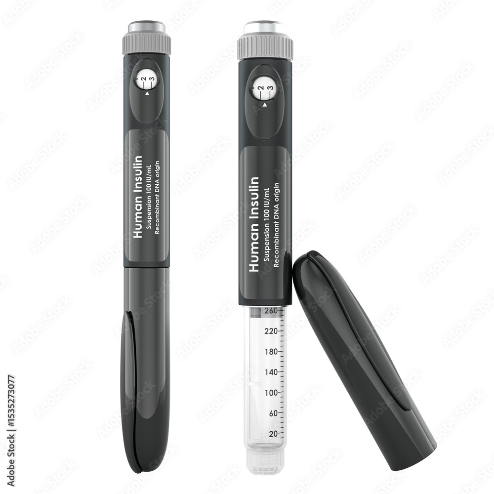 Poster insulin pen injectors for diabetes, one closed and one with visible dose scale. 3d rendering isolate