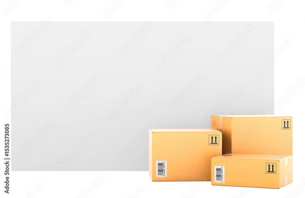 Poster parcels with blank card template. 3d rendering isolated on transparent background