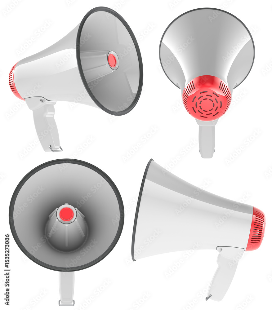 Poster megaphones in white and red color, different angles. 3d rendering isolated on transparent background