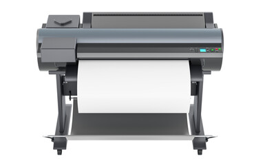 Large format plotter printer with blank sheet, front view. 3D rendering isolated on transparent background