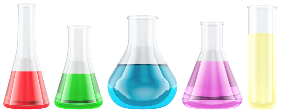 Laboratory glass flasks with colorful liquids. 3D rendering isolated on transparent background