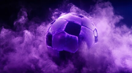 Soccer ball engulfed in purple smoke against a black background.