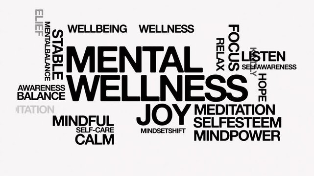 Mental wellness Animated Tag Word Cloud kinetic typography concept, Text Design Animation typography seamless loop video motion graphics Intro 4k, animated Word Art Looping Text effects lettering typo