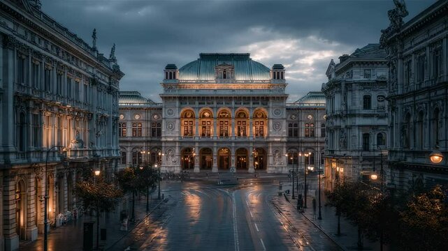 Vienna State Opera house at twilight with soft lighting and rain reflecting on the street