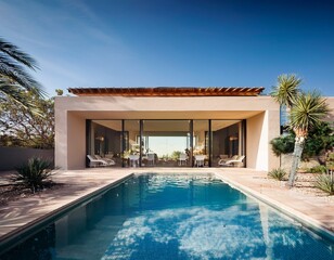 Fototapeta premium modern style architecture exterior vacation villa with luxury swimming pool and tropical tree garden contemporary desert building design poolside area and patio backyard rich real estate rental