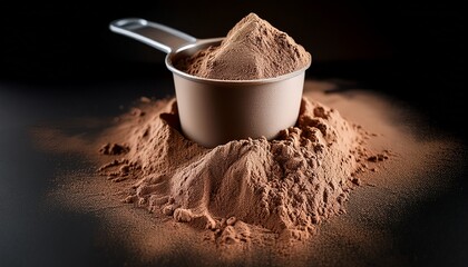 scoop of whey protein on black background chocolate flawour
