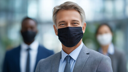 Multiethnic Business Team in Masks Showcasing Diversity and Safety