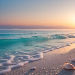 Fototapeta premium Ocean Waves at Sunset with Seashells on the Shore