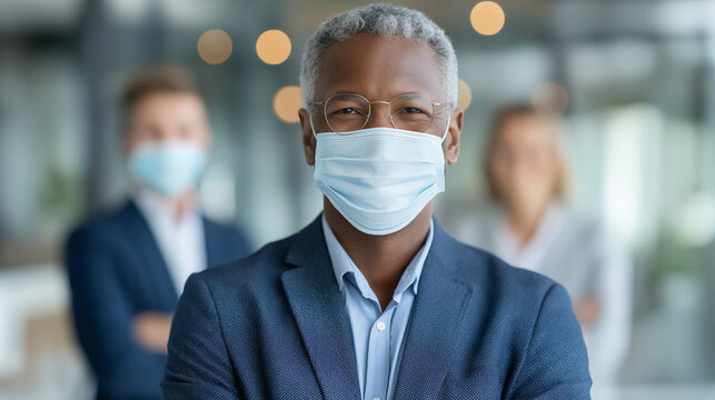 Diverse Businesspeople in Masks Conveying Safety and Confidence