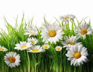 a vibrant fresh spring green grass lawn edge border adorned with daisy flowers isolated against a white background