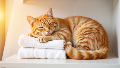 Ginger cat sleeping on stacked white towels in cozy environment  