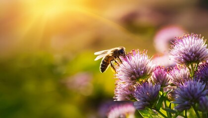 nature summer background with bee collects nectar