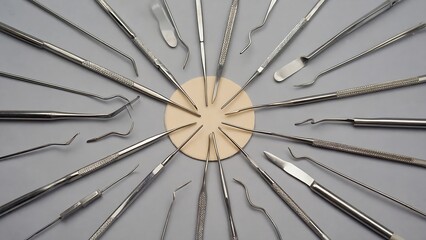 Dental tools arranged in a radial pattern around a central, circular object on a gray surface.