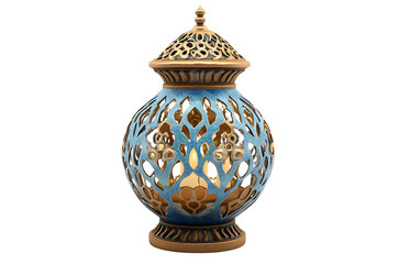  An intricately designed lantern with intricate patterns, glowing in amber hues against an isolated white background 