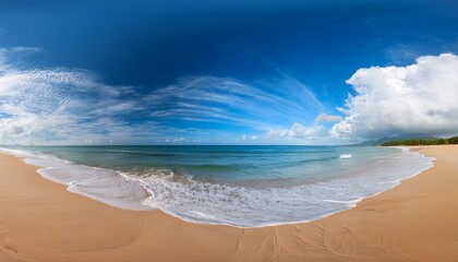 wide sandy beach panorama with blue sky and tropical coastline