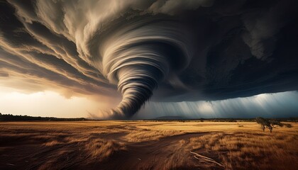 dramatic scene of a large tornado forming over a dry field with powerful winds and dark clouds creating a sense of impending danger