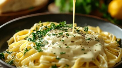 Delicious fettuccine pasta with creamy alfredo sauce being poured on top, garnished with parsley