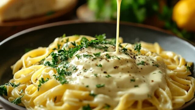 Delicious fettuccine pasta with creamy alfredo sauce being poured on top, garnished with parsley