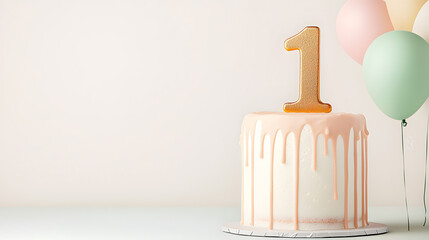 Festive 1th Birthday Cake on light background template with copy space